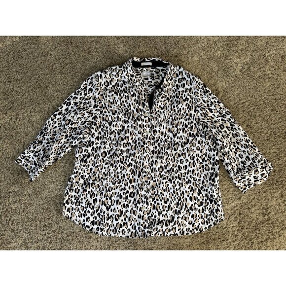 CHICOS Linen Cheetah Animal Print 3/4 Sleeve Button Down Shirt Top Sz 3 16/18 - Picture 1 of 9